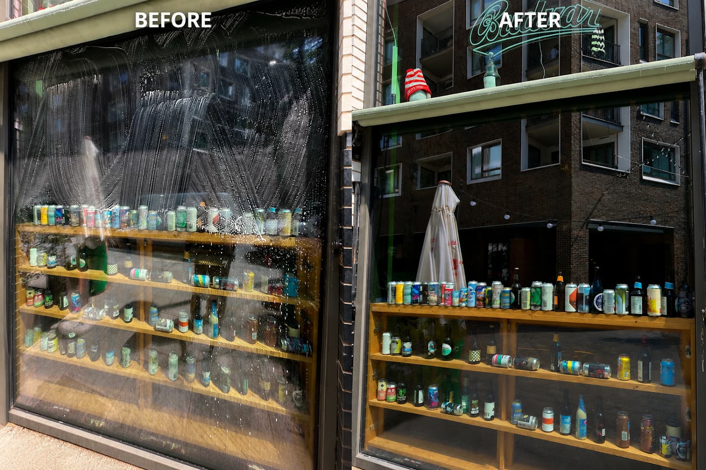 Before and after cleaning a shop front display window: streaked and hard to see through, then fully clear.