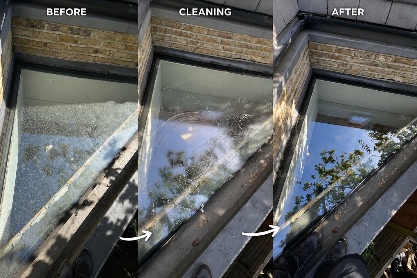 Before, during and after cleaning a roof window: covered in grime, then fully clear with a view of the sky and trees.
