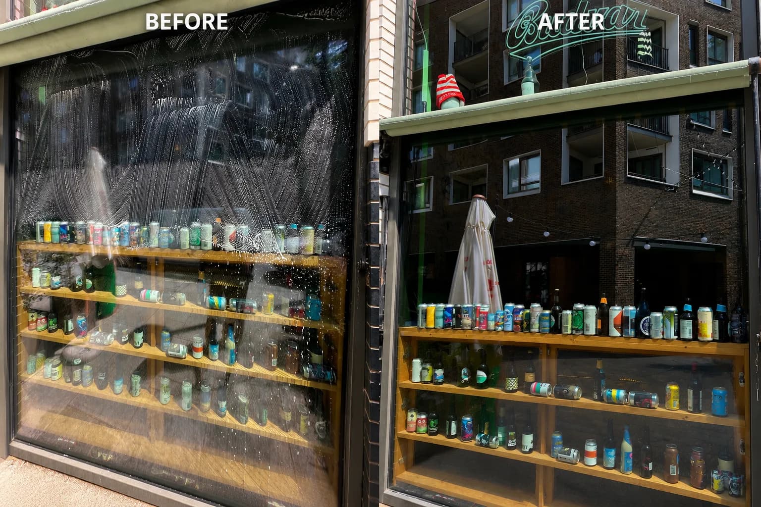 Before and after cleaning a shop window lined with drinks on display: heavily streaked, then completely clear reflecting the street.
