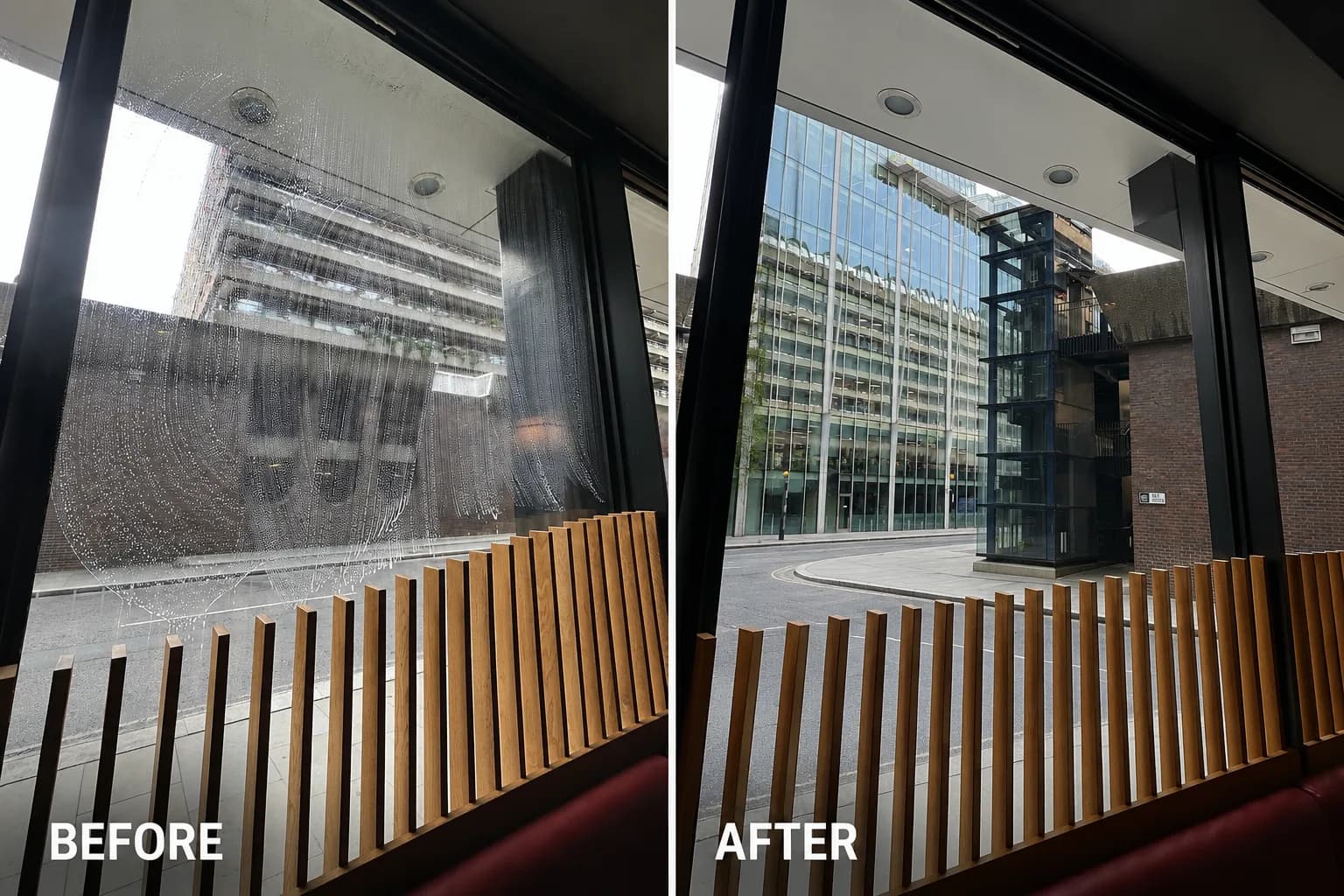 Before and after cleaning a curved shop window: covered in streaks, then a clear view of the street outside.