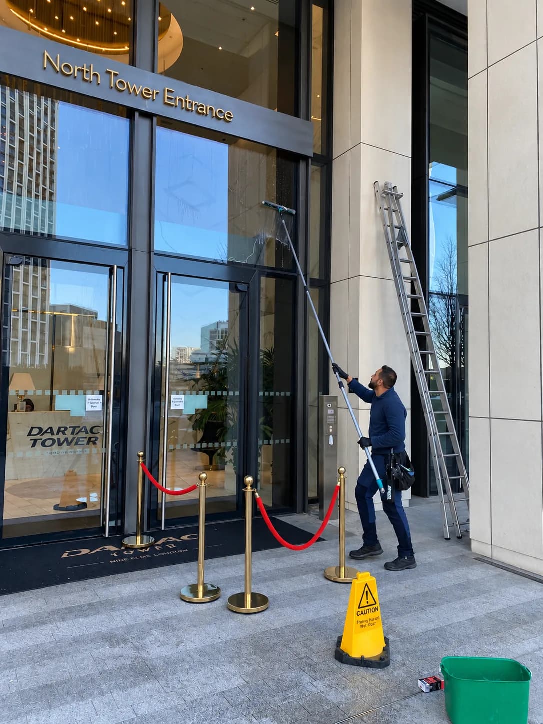 Cleaning the entrance glazing of an office tower in Nine Elms with a water-fed pole and ladder.