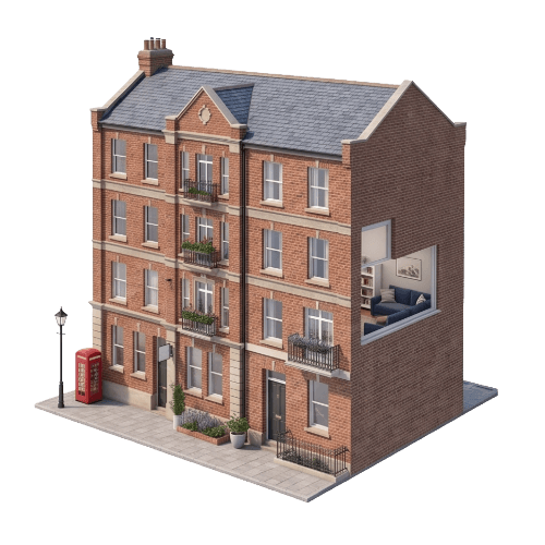 Illustration of a London brick mansion block of flats.