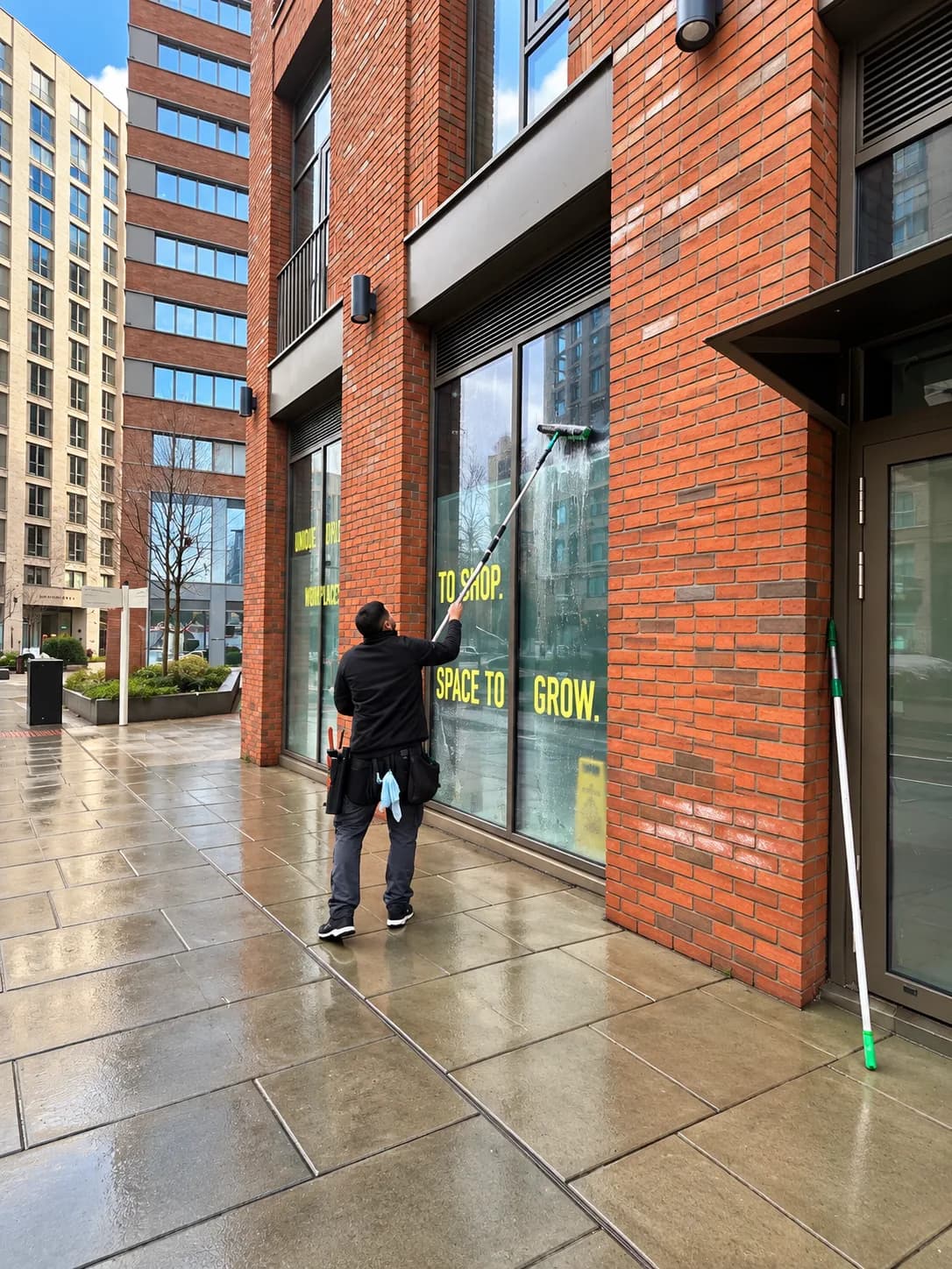 A technician cleaning ground-floor shop windows of a red-brick office building with a water-fed pole.