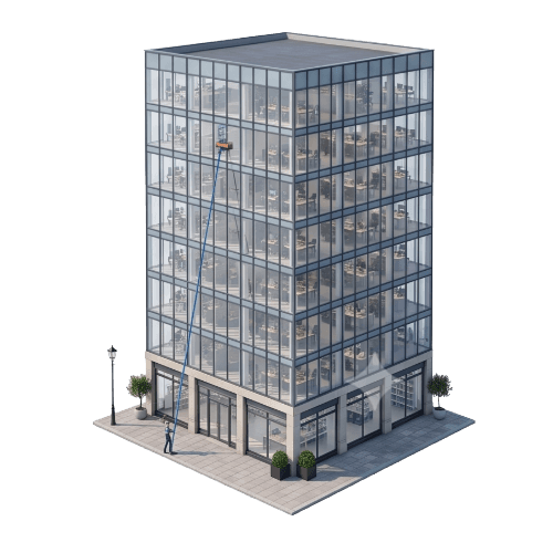 Illustration of a tall glass office tower being cleaned with a long water-fed pole reaching from ground level to the upper floors.